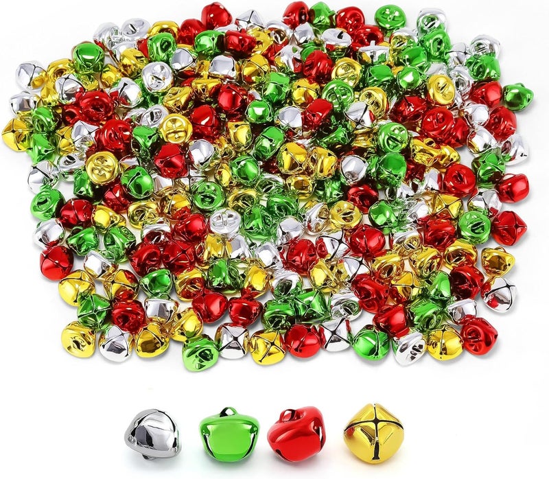 LIGHOON Jingle Bells for Crafts, 120 Pcs 3/5 Inch Christmas Bells DIY Colorful Craft Bells Bulk for Christmas Home Pet Decorations Festival Party Supplies Favors (Red Green Silver Gold) - Image 1